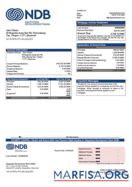 Realistic Myanmar Naypyitaw Development Bank (NDB) mortgage statement Word and PDF template